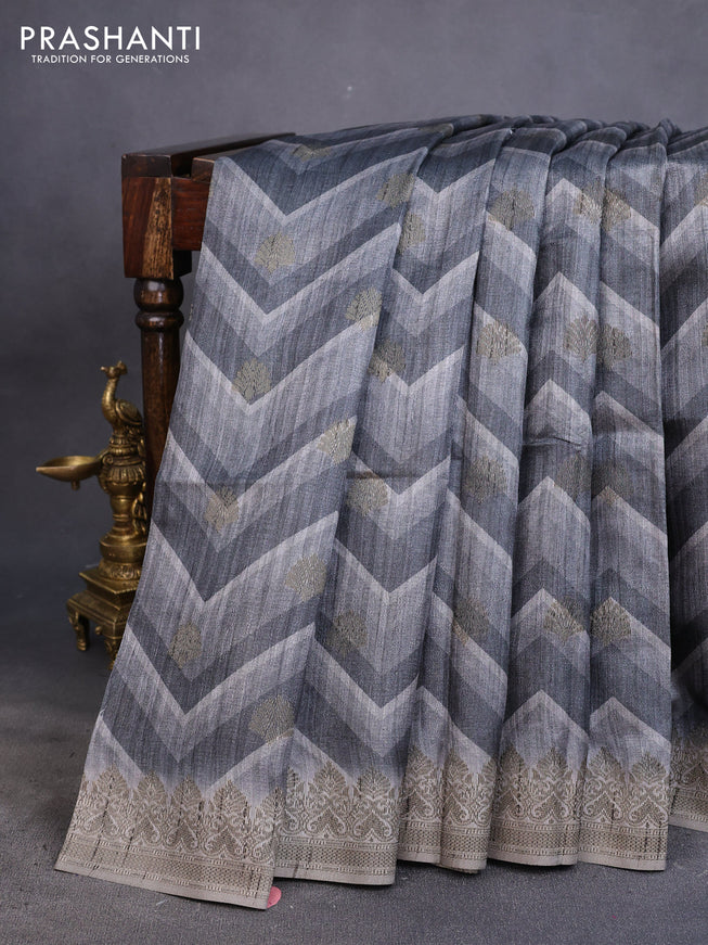 Semi banarasi tussar saree grey with allover zig zag prints & woven buttas and woven border