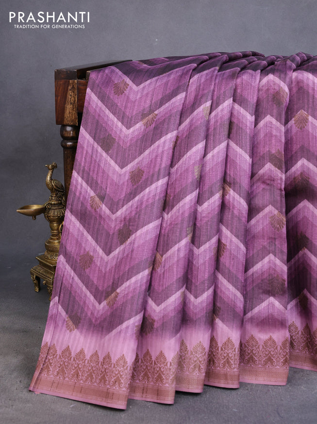 Semi banarasi tussar saree wine shade and mauve pink with allover zig zag prints & woven buttas and woven border