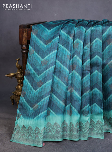 Semi banarasi tussar saree peacock green and teal green with allover zig zag prints & woven buttas and woven border