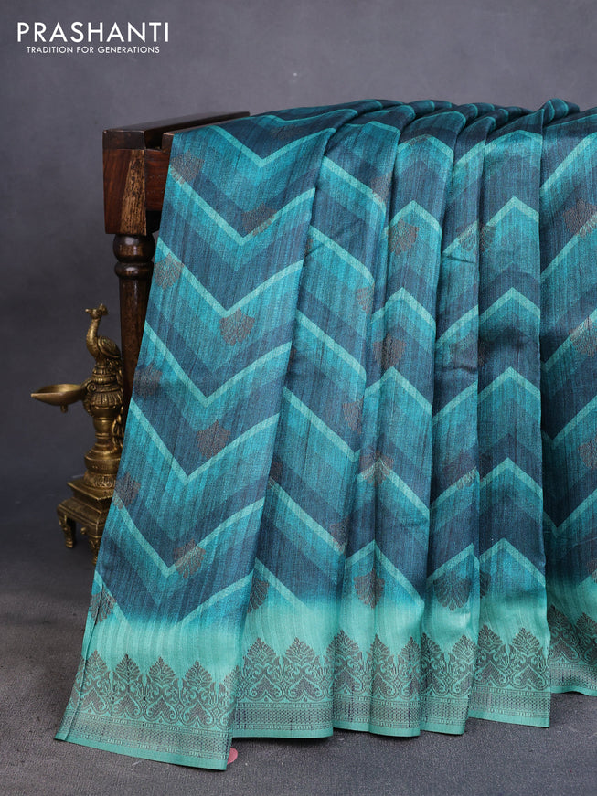 Semi banarasi tussar saree peacock green and teal green with allover zig zag prints & woven buttas and woven border