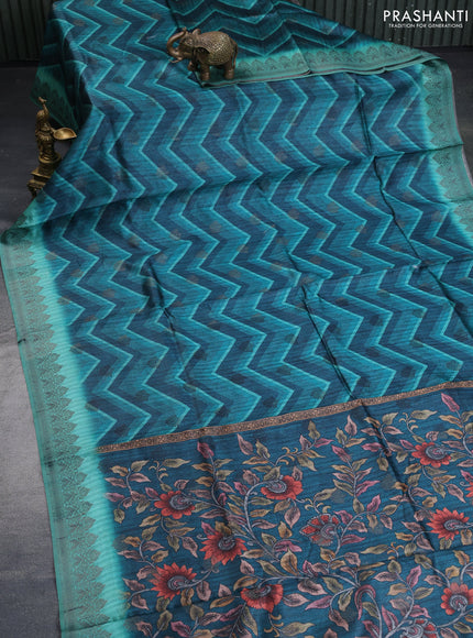 Semi banarasi tussar saree peacock green and teal green with allover zig zag prints & woven buttas and woven border