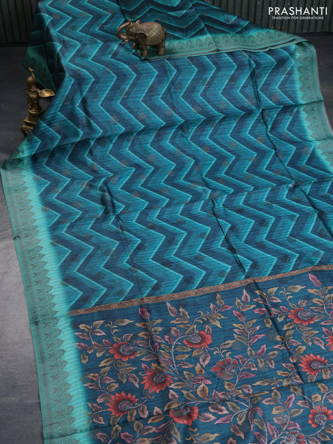 Semi banarasi tussar saree peacock green and teal green with allover zig zag prints & woven buttas and woven border