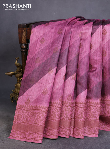 Semi banarasi tussar saree wine shade and mauve pink with allover strips prints & woven buttas and woven border