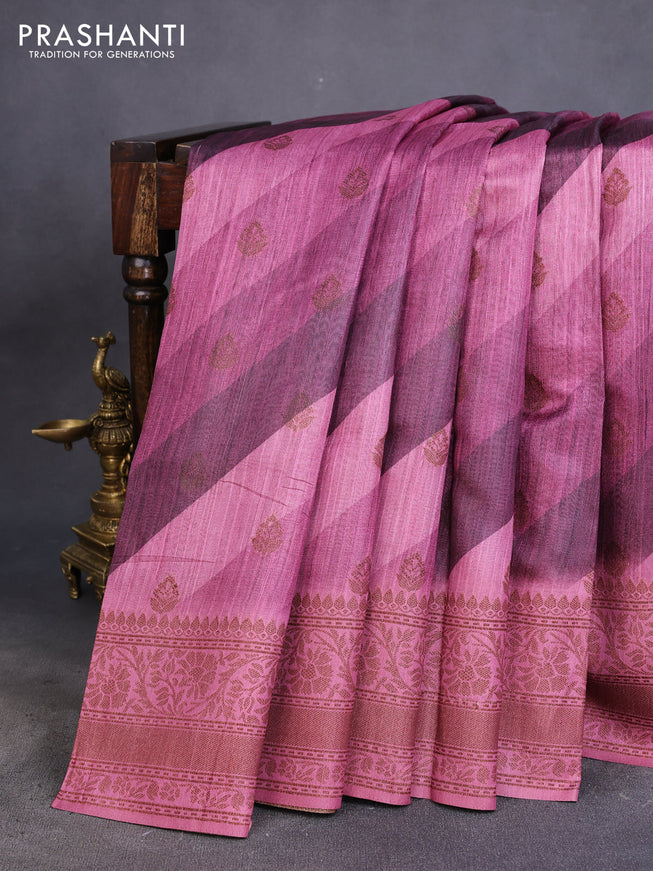 Semi banarasi tussar saree wine shade and mauve pink with allover strips prints & woven buttas and woven border