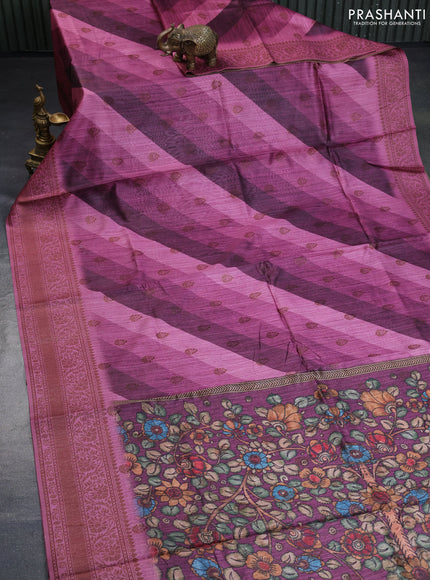 Semi banarasi tussar saree wine shade and mauve pink with allover strips prints & woven buttas and woven border