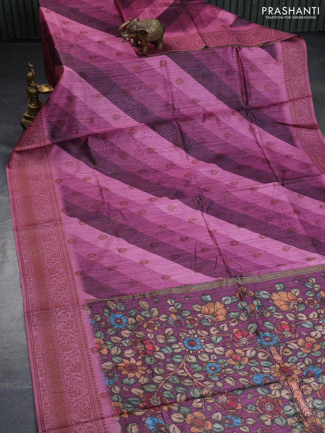 Semi banarasi tussar saree wine shade and mauve pink with allover strips prints & woven buttas and woven border