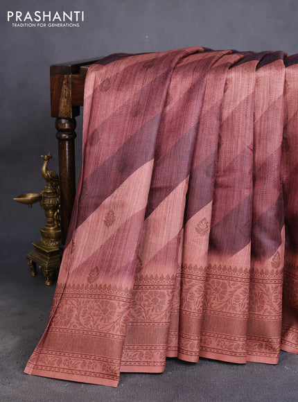 Semi banarasi tussar saree brown and pastel brown with allover strips prints & woven buttas and woven border