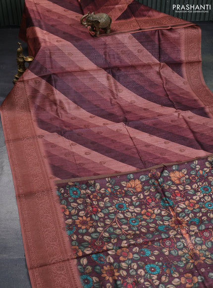 Semi banarasi tussar saree brown and pastel brown with allover strips prints & woven buttas and woven border