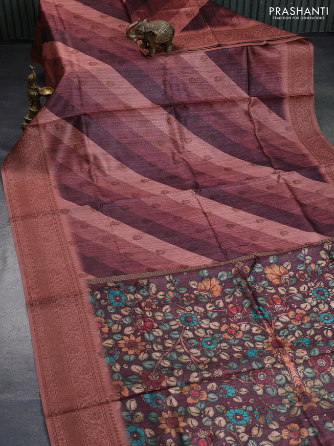 Semi banarasi tussar saree brown and pastel brown with allover strips prints & woven buttas and woven border