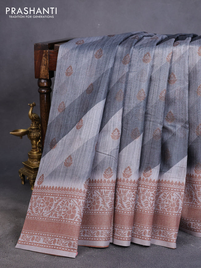 Semi banarasi tussar saree elephant grey and grey with allover strips prints & woven buttas and woven border