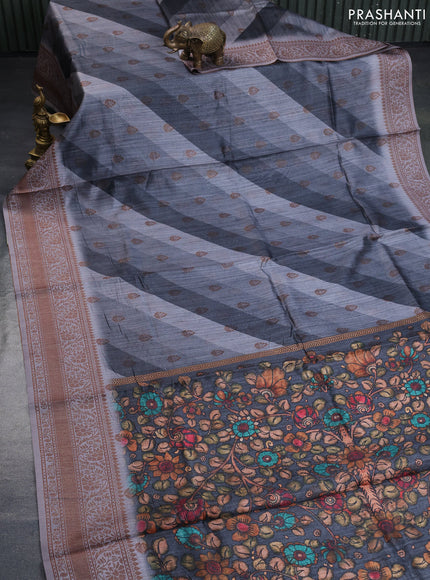 Semi banarasi tussar saree elephant grey and grey with allover strips prints & woven buttas and woven border