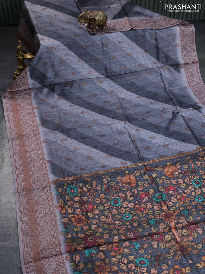 Semi banarasi tussar saree elephant grey and grey with allover strips prints & woven buttas and woven border