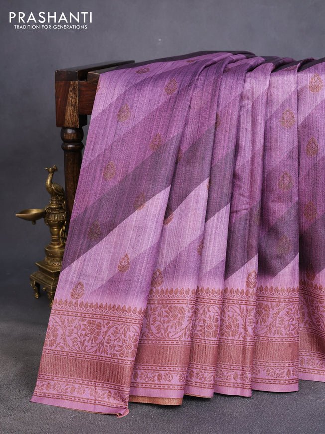 Semi banarasi tussar saree mild purple and mauve pink with allover strips prints & woven buttas and woven border