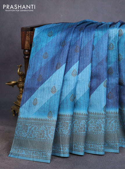 Semi banarasi tussar saree drak blue and cs blue with allover strips prints & woven buttas and woven border