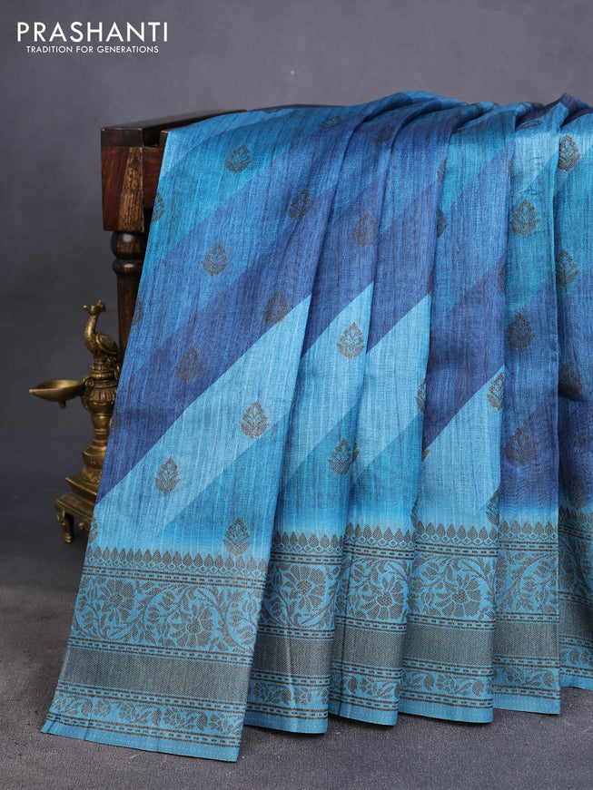 Semi banarasi tussar saree drak blue and cs blue with allover strips prints & woven buttas and woven border