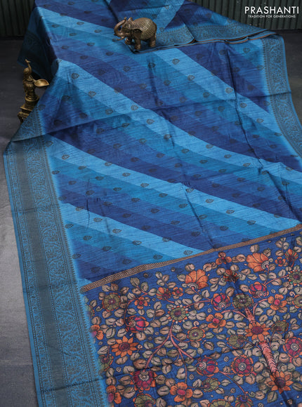 Semi banarasi tussar saree drak blue and cs blue with allover strips prints & woven buttas and woven border