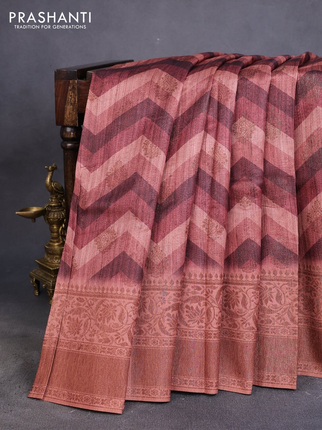 Semi banarasi tussar saree pastel peach with allover zig zag prints & woven buttas and woven border