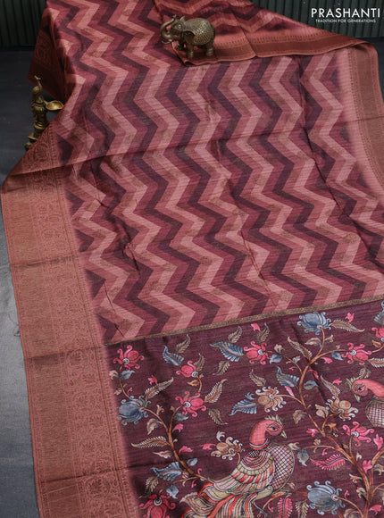 Semi banarasi tussar saree pastel peach with allover zig zag prints & woven buttas and woven border