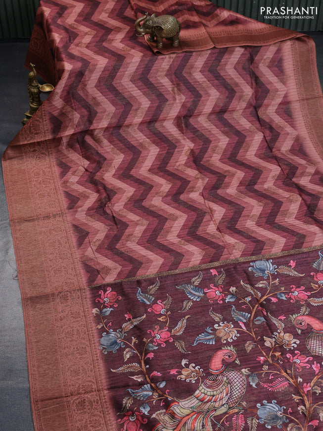 Semi banarasi tussar saree pastel peach with allover zig zag prints & woven buttas and woven border