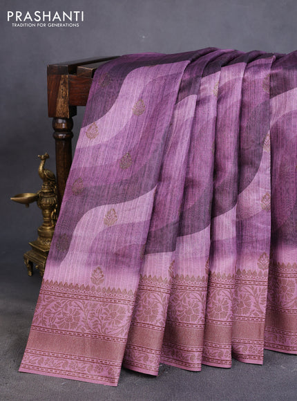 Semi banarasi tussar saree mild purple and mauve pink with allover wavy prints & woven buttas and woven border