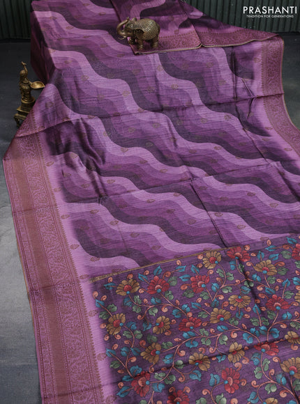 Semi banarasi tussar saree mild purple and mauve pink with allover wavy prints & woven buttas and woven border