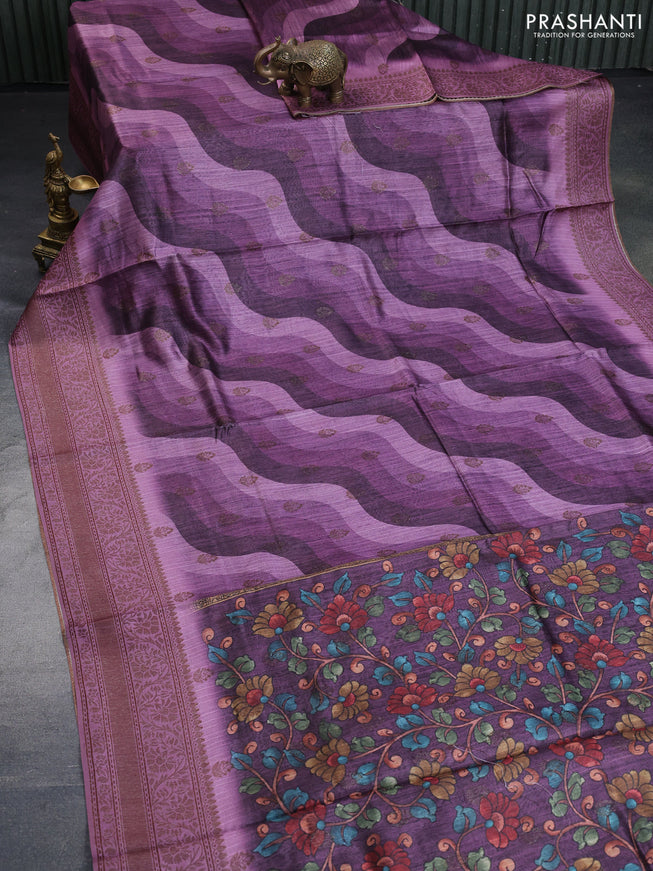 Semi banarasi tussar saree mild purple and mauve pink with allover wavy prints & woven buttas and woven border