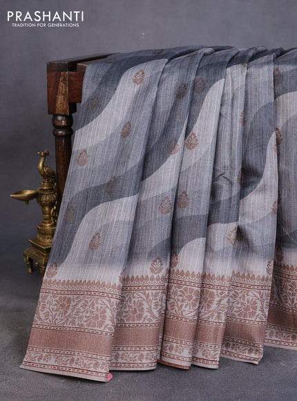 Semi banarasi tussar saree elephant grey and grey with allover wavy prints & woven buttas and woven border