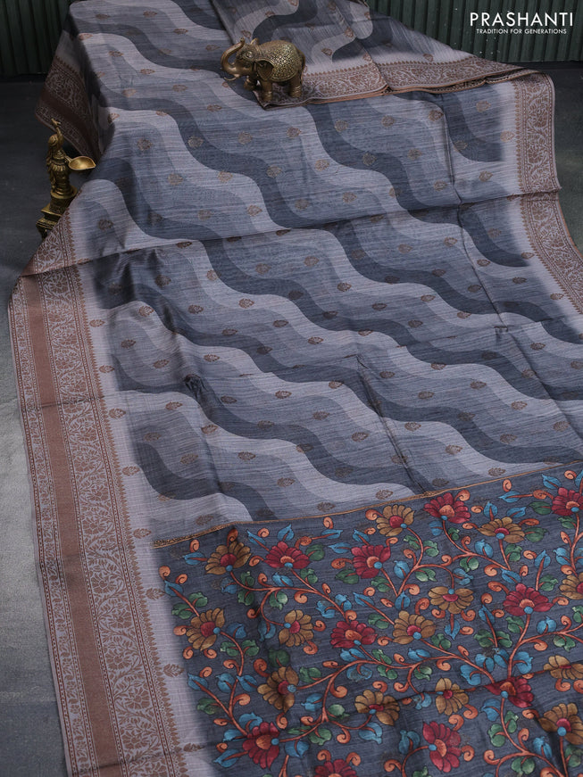 Semi banarasi tussar saree elephant grey and grey with allover wavy prints & woven buttas and woven border