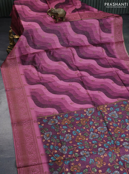 Semi banarasi tussar saree wine shade and mauve pink with allover wavy prints & woven buttas and woven border