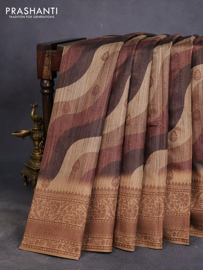 Semi banarasi tussar saree brown and dark sandal with allover wavy prints & woven buttas and woven border