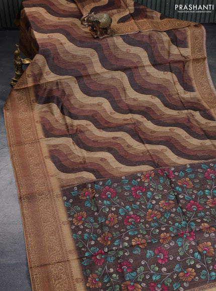 Semi banarasi tussar saree brown and dark sandal with allover wavy prints & woven buttas and woven border