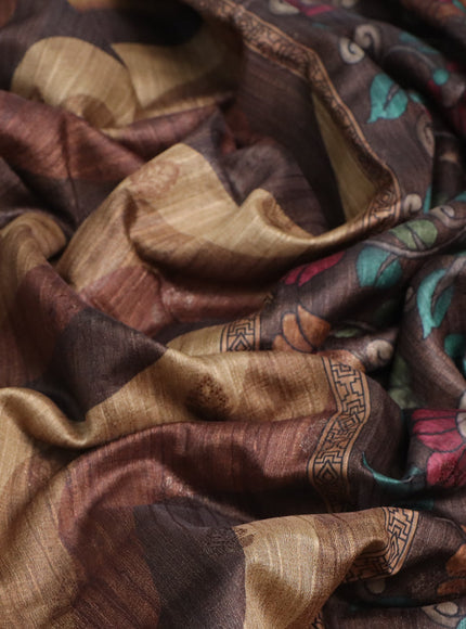 Semi banarasi tussar saree brown and dark sandal with allover wavy prints & woven buttas and woven border