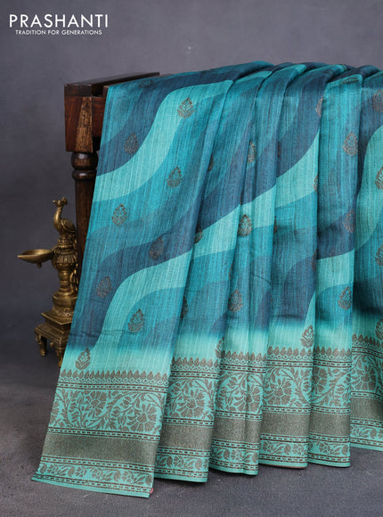 Semi banarasi tussar saree peacock green and teal green with allover wavy prints & woven buttas and woven border