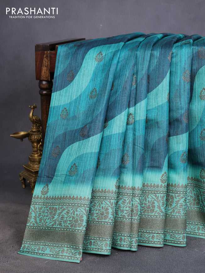 Semi banarasi tussar saree peacock green and teal green with allover wavy prints & woven buttas and woven border