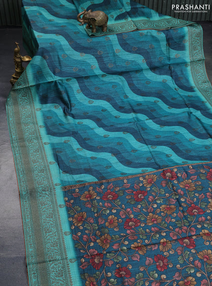 Semi banarasi tussar saree peacock green and teal green with allover wavy prints & woven buttas and woven border