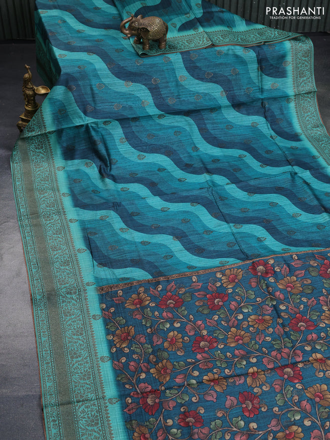 Semi banarasi tussar saree peacock green and teal green with allover wavy prints & woven buttas and woven border