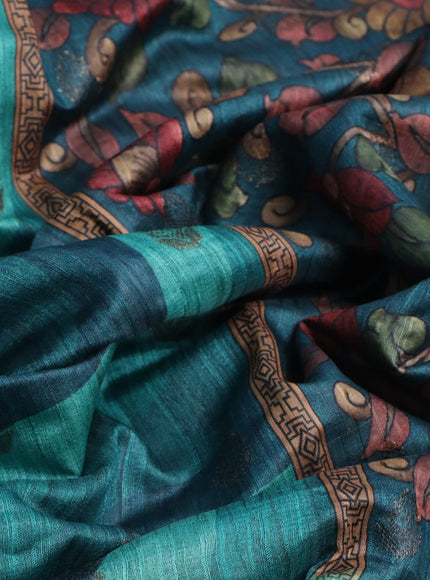 Semi banarasi tussar saree peacock green and teal green with allover wavy prints & woven buttas and woven border