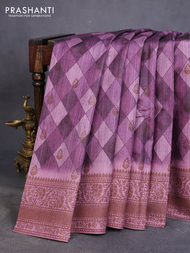 Semi banarasi tussar saree mild purple and mauve pink with geometric prints & woven buttas and woven border