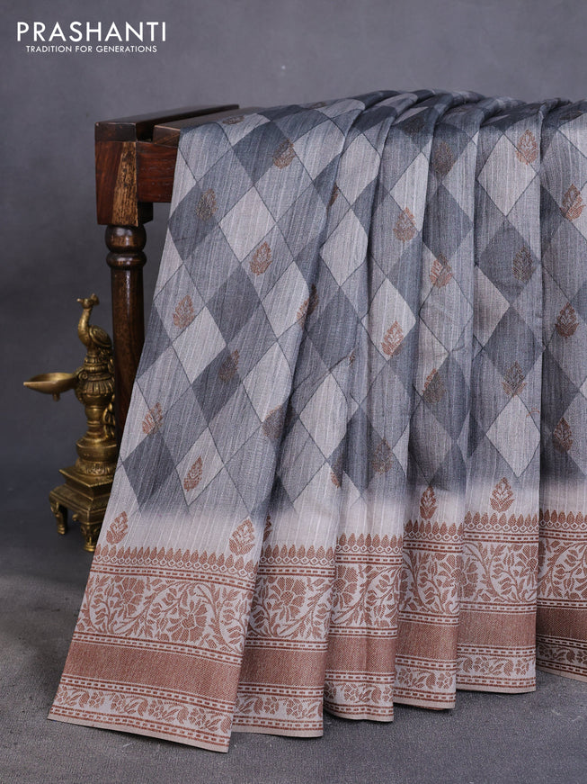 Semi banarasi tussar saree elephant grey and grey with geometric prints & woven buttas and woven border