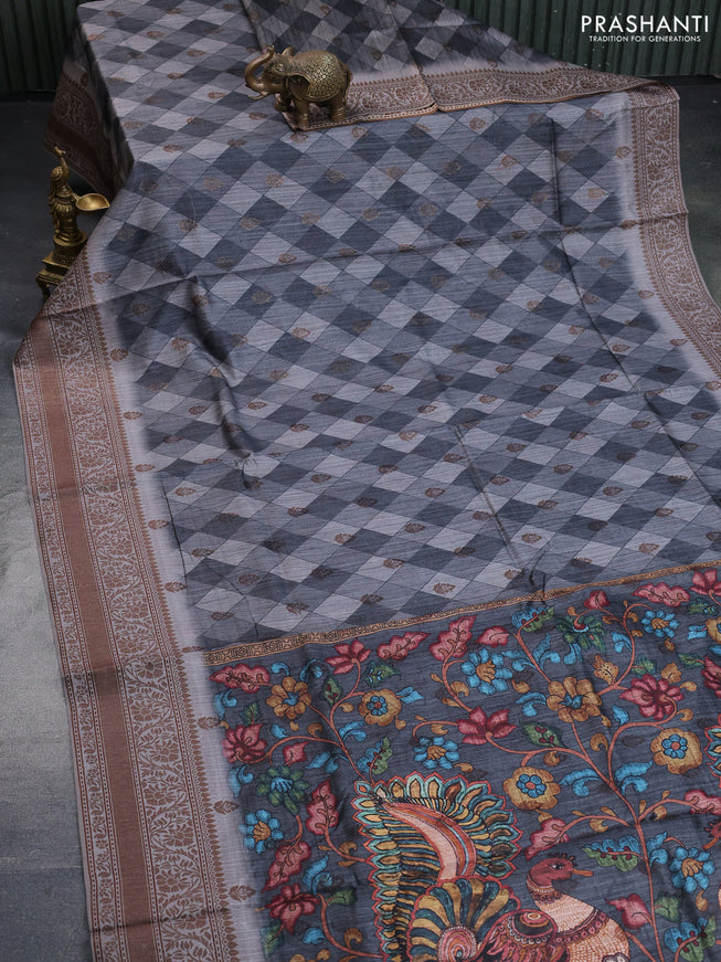 Semi banarasi tussar saree elephant grey and grey with geometric prints & woven buttas and woven border