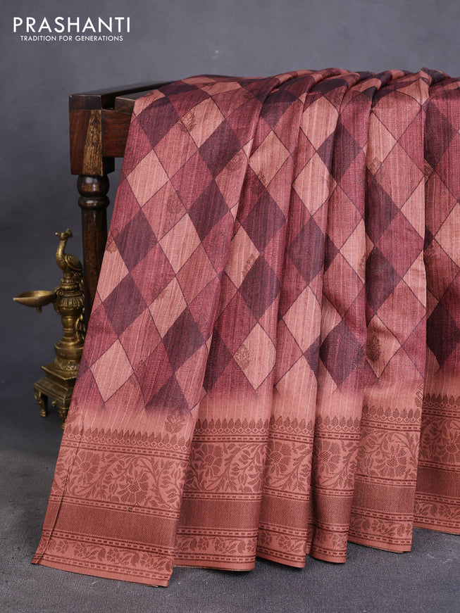 Semi banarasi tussar saree brown and pastel brown with geometric prints & woven buttas and woven border