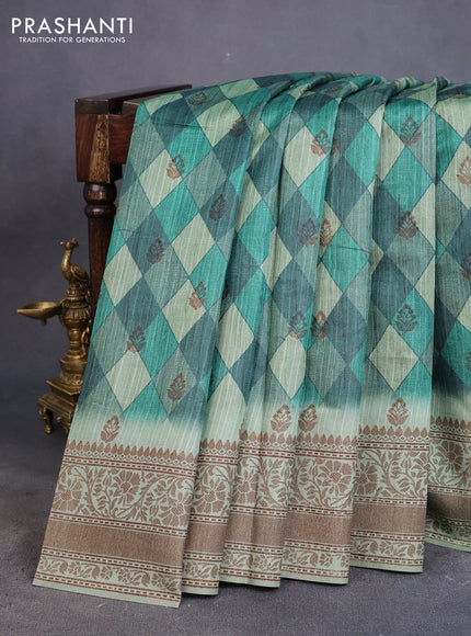 Semi banarasi tussar saree green and pastel green with geometric prints & woven buttas and woven border