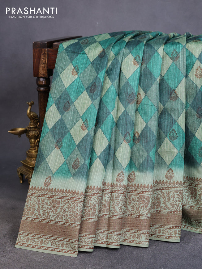 Semi banarasi tussar saree green and pastel green with geometric prints & woven buttas and woven border