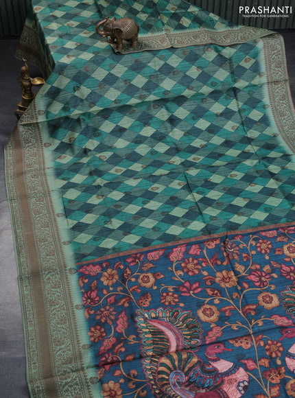 Semi banarasi tussar saree green and pastel green with geometric prints & woven buttas and woven border