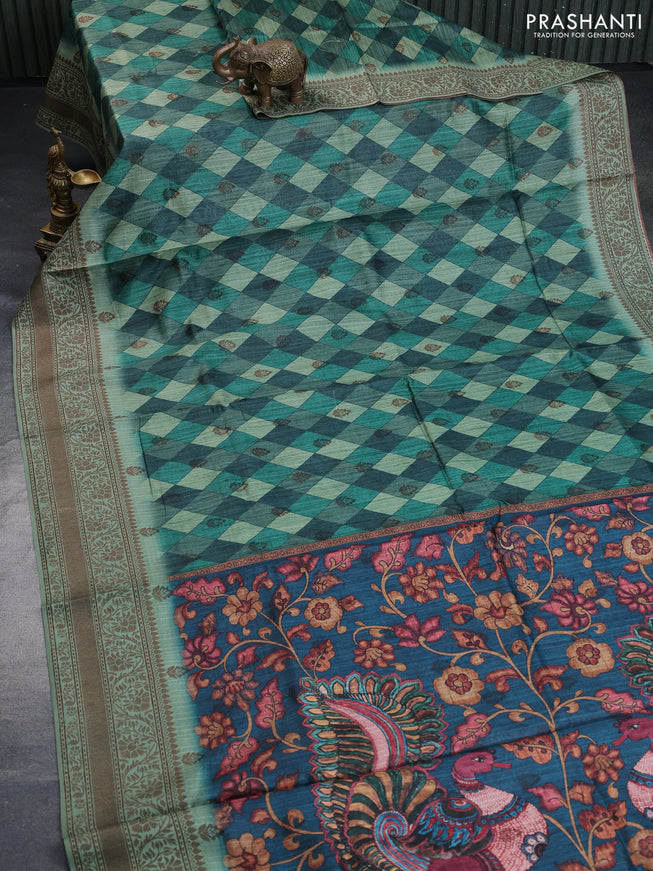 Semi banarasi tussar saree green and pastel green with geometric prints & woven buttas and woven border