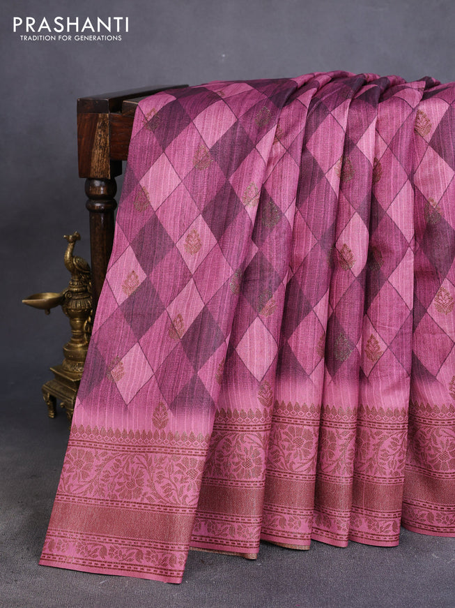 Semi banarasi tussar saree wine shade and mauve pink with geometric prints & woven buttas and woven border