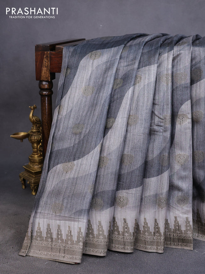 Semi banarasi tussar saree elephant grey and grey with allover wavy prints & woven buttas and woven border