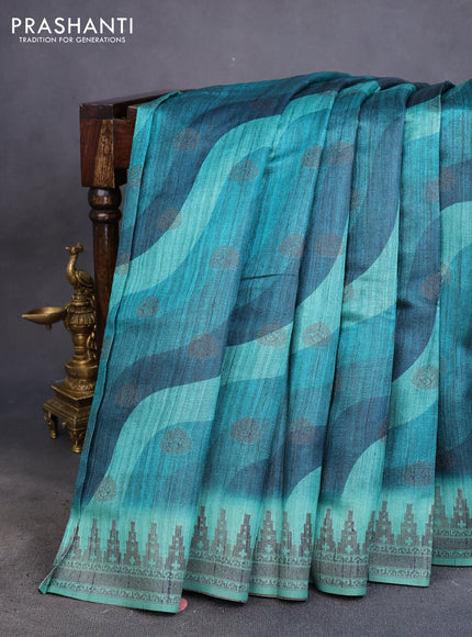 Semi banarasi tussar saree peacock green and teal green with allover wavy prints & woven buttas and woven border