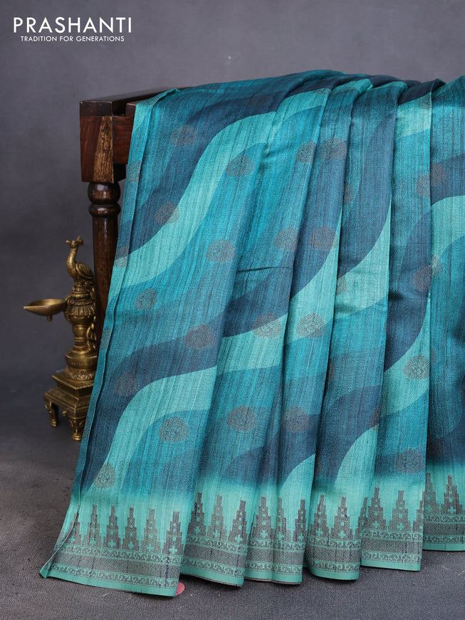 Semi banarasi tussar saree peacock green and teal green with allover wavy prints & woven buttas and woven border