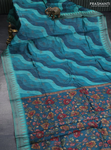 Semi banarasi tussar saree peacock green and teal green with allover wavy prints & woven buttas and woven border